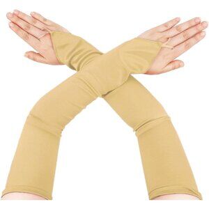 Women's Gold Long Satin Finger Loop Fabric Gloves Opera Party Prom Costume